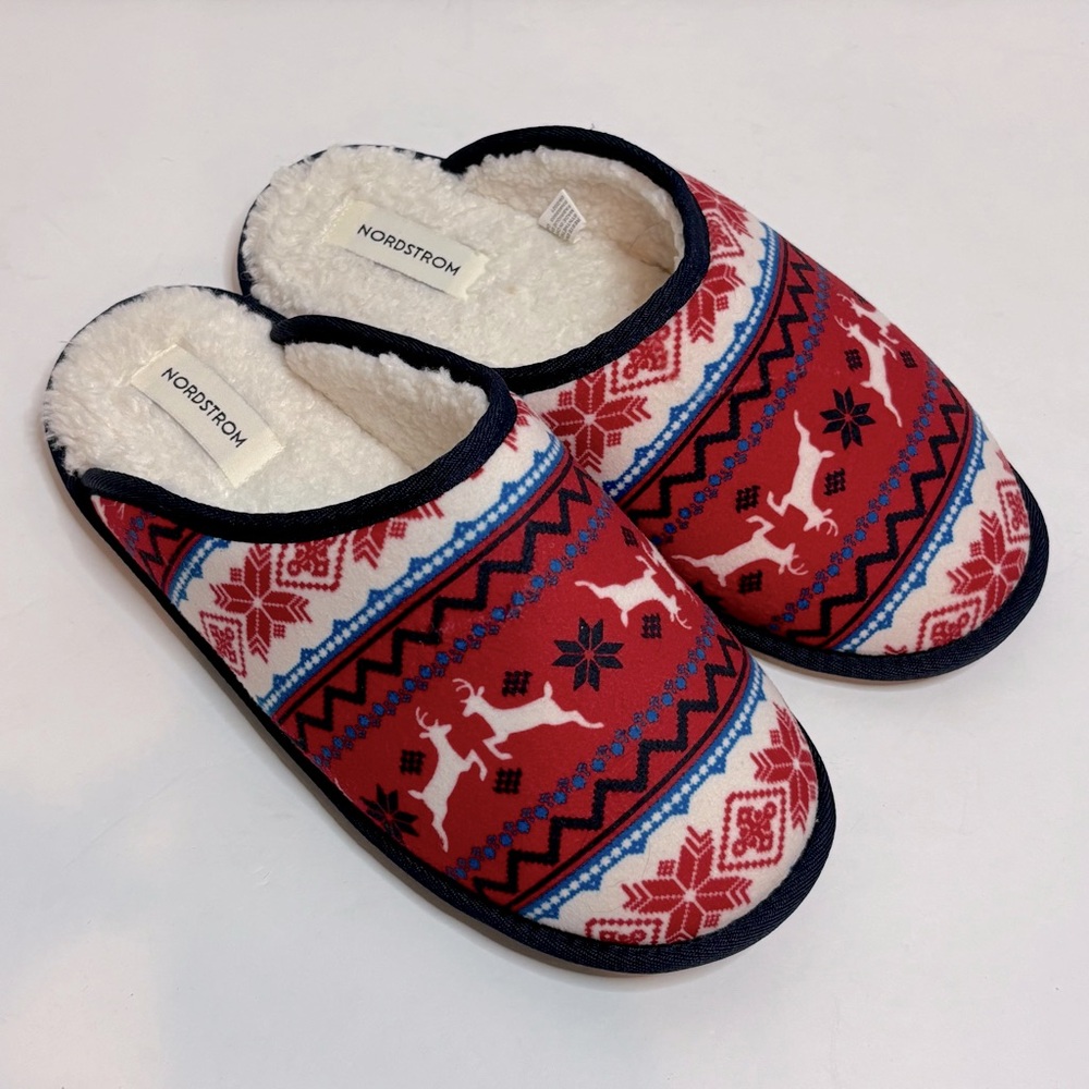 Nordstrom Navy Red Fireside Fairisle Slide Scuff Slippers Women's L 9